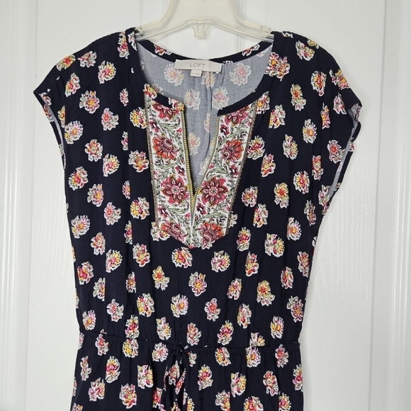 LOFT Paisley Midi Peasant Dress Small Navy Blue Elastic Waist Tassels Ruffle Hem - Picture 2 of 12